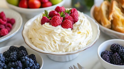 Delightful Brunch Spread with Fruits and Creamy Frosting
