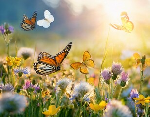 Generated image A field of wildflowers with butterflies fluttering in the soft March sunlight.