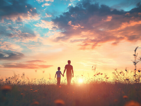 Silhouette father son holding hands walking through field sunset family