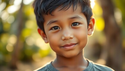 A young Southeast Asian boy is looking at the camera and smiling on bokeh background