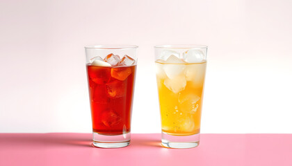 Glasses of energy carbonated soda drink with ice, papercraft, with white tones