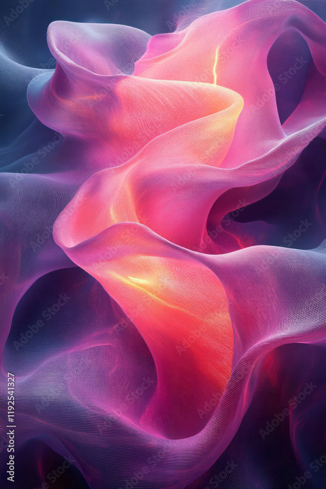 Aufkleber undulating 3d strips in neon pink merging into soft lavender whorls, creating a hypnotic wave patter