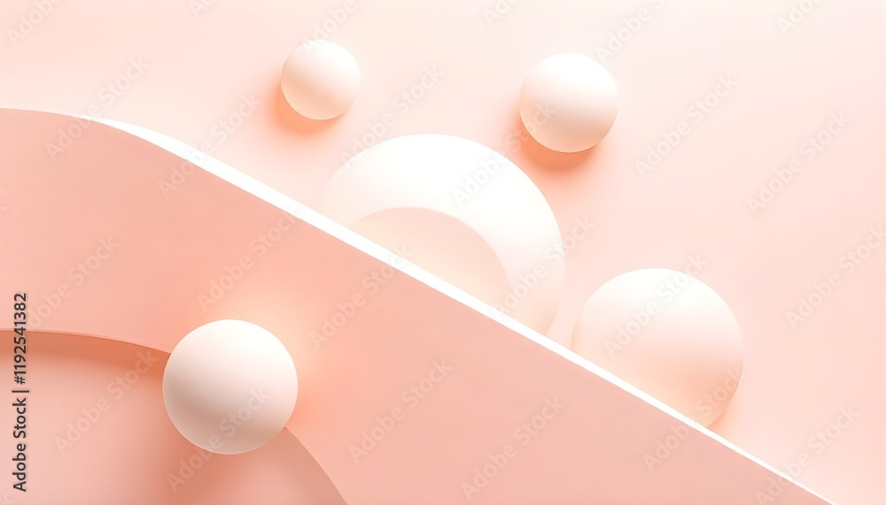 Poster a composition of geometric 3d smooth pastel shapes arranged in an abstract layout, set against a sof