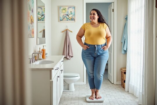 A plus-size woman stands on a scale with a big smile, excited about her weight loss results. The bathroom is bright and decorated with colorful artwork