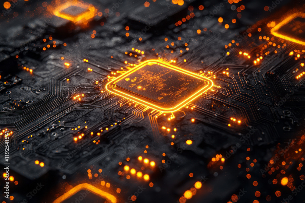 Poster A futuristic circuit-board style pattern: short parallel lines in sunshine-yellow, connecting nodal squares on a charcoal plane,