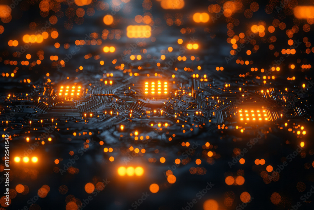 Poster a futuristic circuit-board style pattern: short parallel lines in sunshine-yellow, connecting nodal 