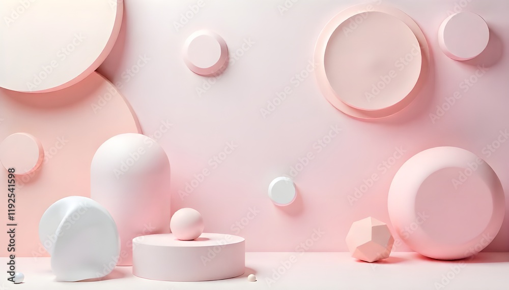 Poster A composition of geometric 3D smooth pastel shapes arranged in an abstract layout, set against a soft and light color palette, evoking a modern and tranquil aesthetic