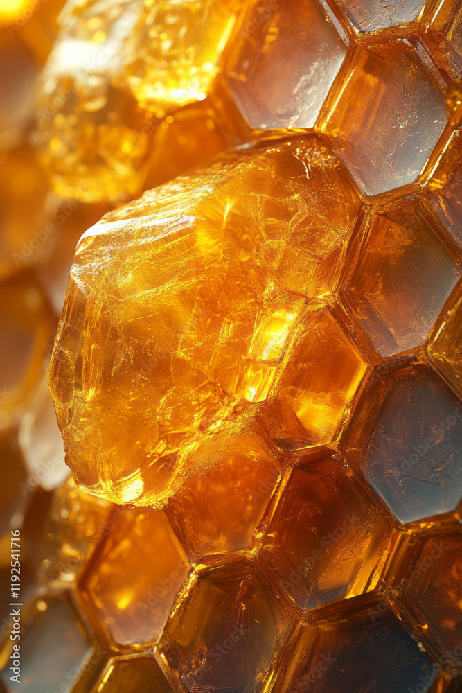 Aufkleber A partially transparent honeycomb motif in subdued yellow, each cell morphing into angled polygons on a void-like setting,