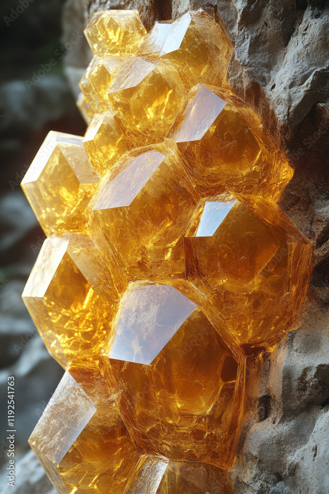 Fototapete a partially transparent honeycomb motif in subdued yellow, each cell morphing into angled polygons o