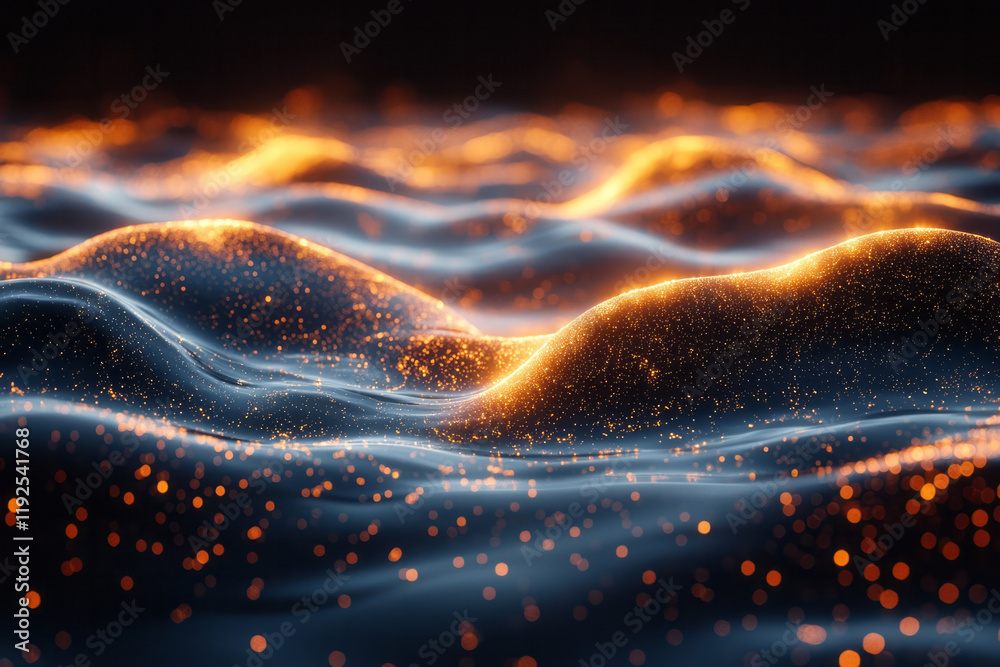 Poster A wave-like crest of parallel golden lines, some intersecting to form small triangular segments, floating in darkness,