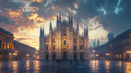 Fototapeta premium stunning Gothic cathedral with towering spires at sunset