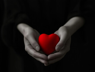 Fototapeta premium Hands holding red heart dark background love loss remembrance concept monochrome