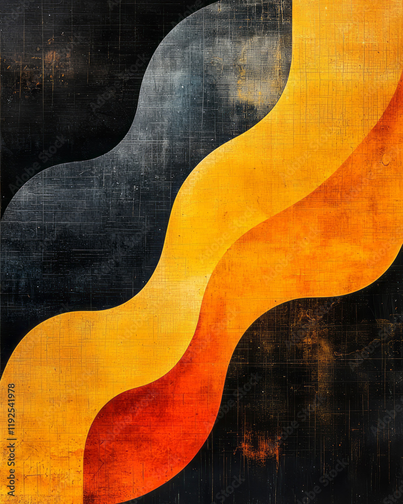 Poster serpentine arcs in mustard-yellow gently weaving through one another, anchored by small geometric no