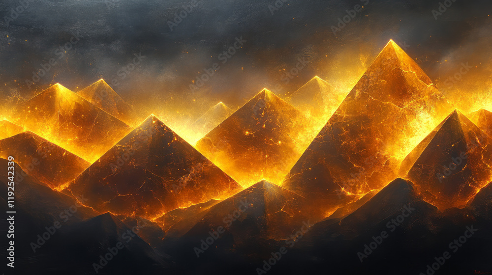 Fototapete sharp-edged polygons outlined in luminous yellow, each shape partially overlapping, floating on a je