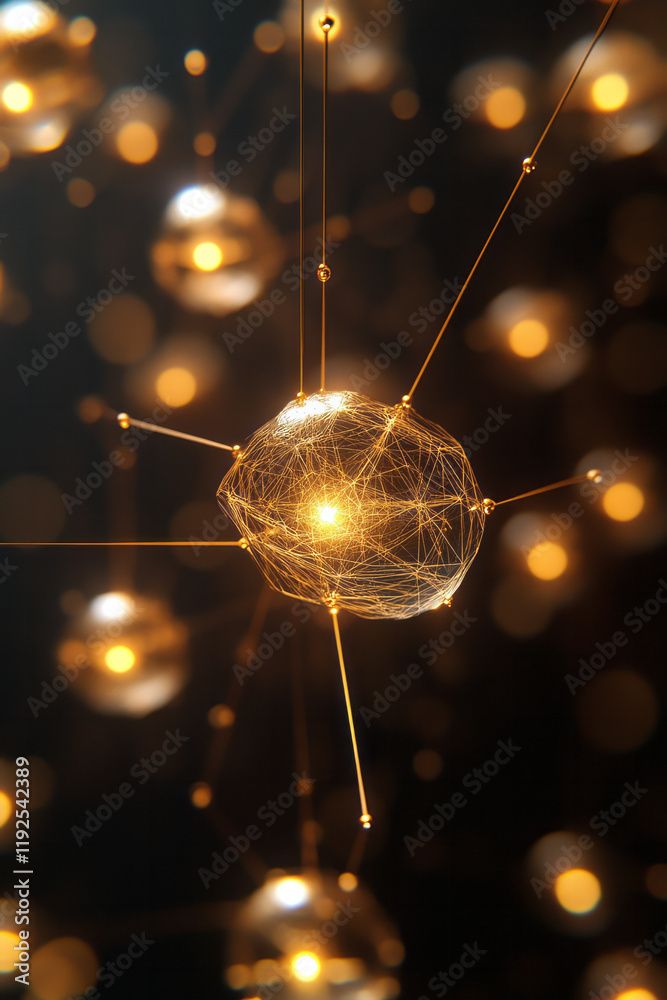 Poster a minimalistic, angular grid of bright golden rods, resembling an abstract map suspended in a dark v