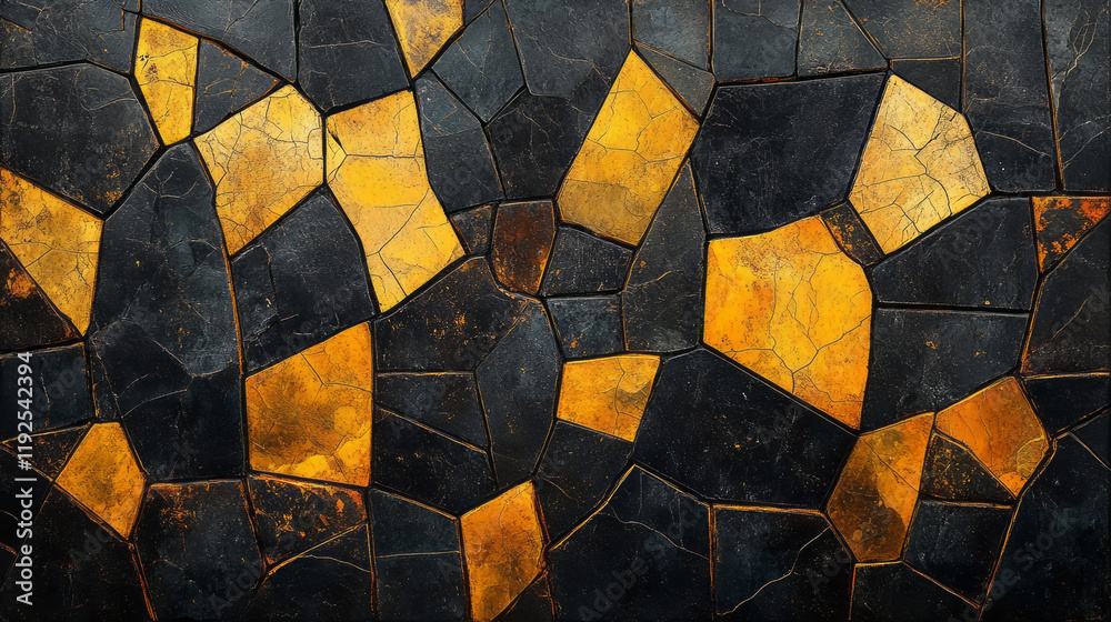 Poster Sharp-edged polygons outlined in luminous yellow, each shape partially overlapping, floating on a jet-black canvas,