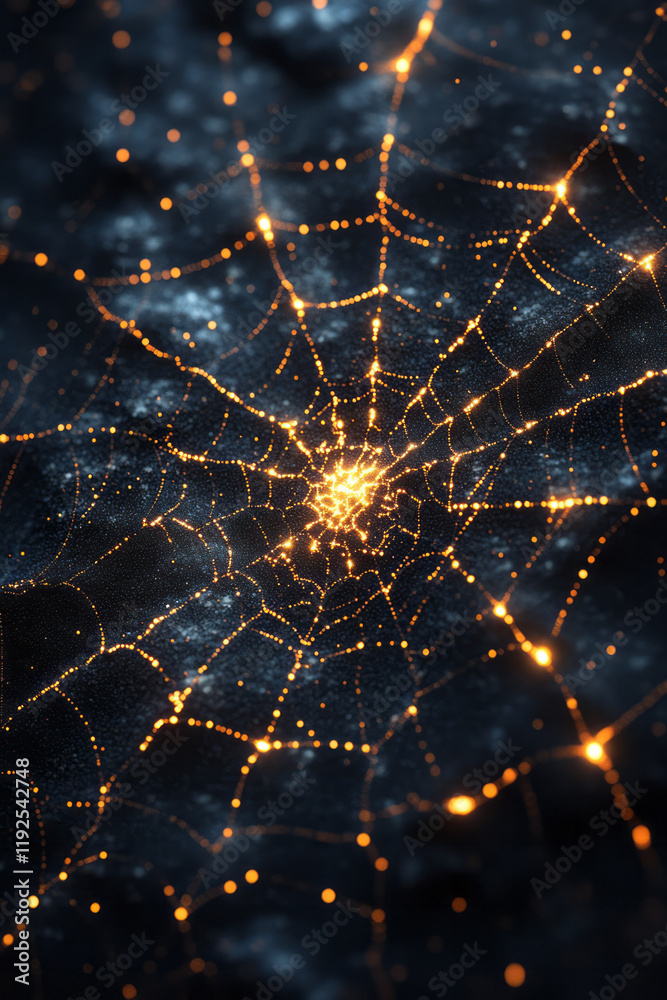 Poster a circuit-inspired spiderweb of powder-blue strands, with bright golden anchor points forming a frac