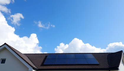 Cloudy blue sky over a home with solar panels on the pitched roof, with white tones