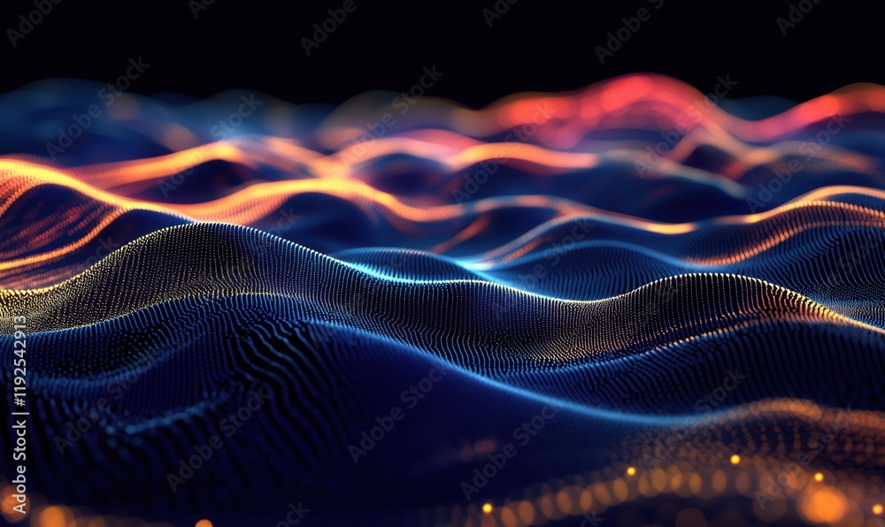 Poster abstract digital landscape with flowing waves of light and color, showcasing intricate patterns and 