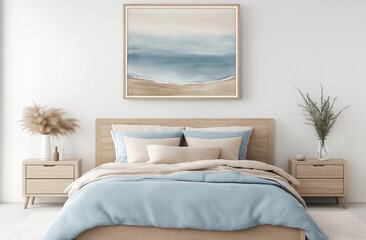 Stylish bedroom with nautical decor, wooden double bed, and abstract light blue ocean wall art.