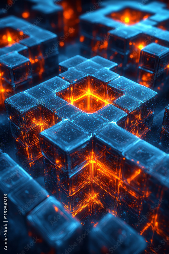 Leinwandbilder multiple angled planes in neon-blue, each intersecting at glowing amber junctions, forming a dynamic