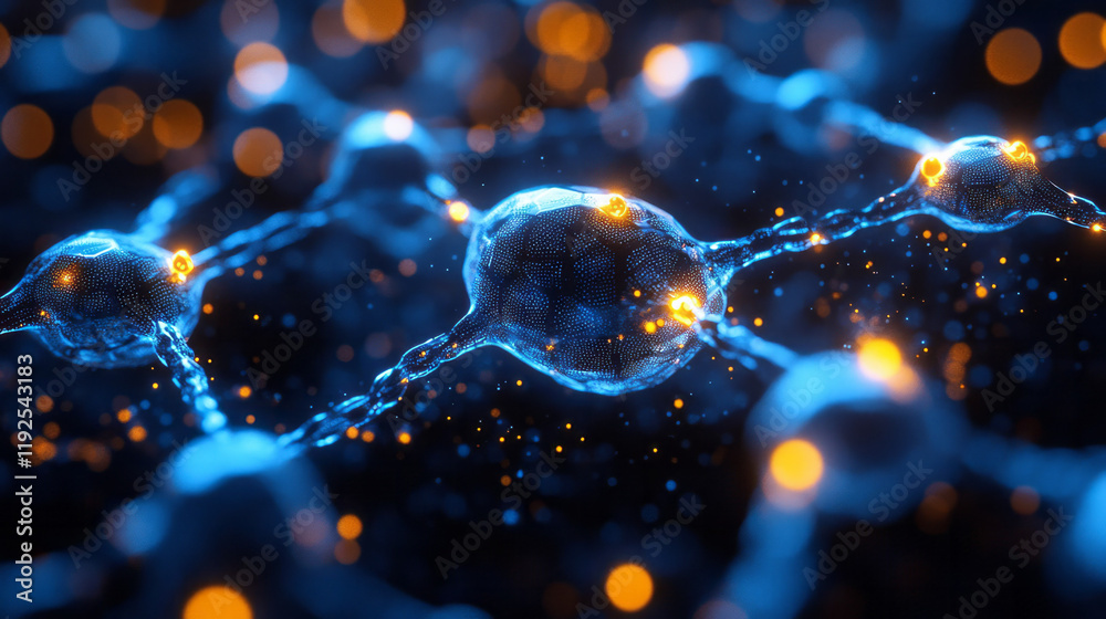Aufkleber Overlapping polygonic structures in vibrant blue, each joint connected by small yellow lights, forming a hovering 3D web on black,