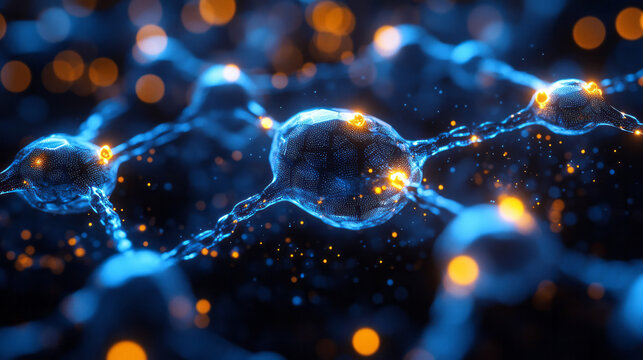 Overlapping polygonic structures in vibrant blue, each joint connected by small yellow lights, forming a hovering 3D web on black,