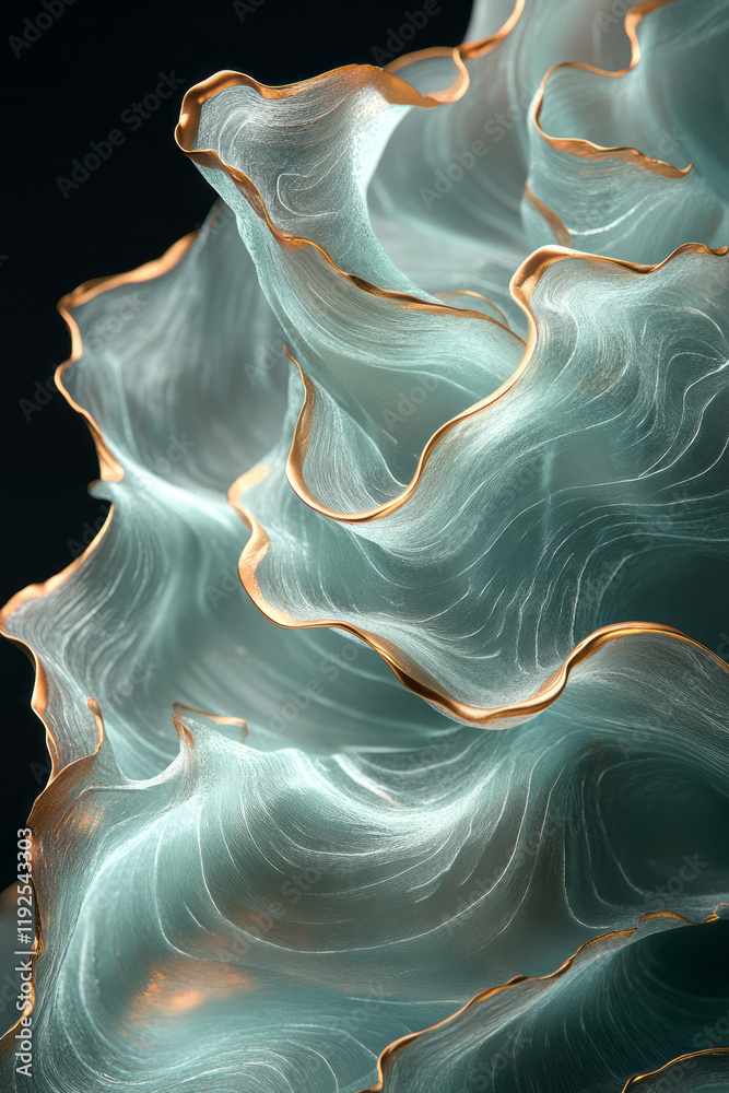 Poster serpentine layers of aqua merging with pale gold edges, undulating in gentle curves on a tranquil bl