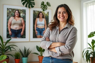 A happy plus-size woman stands beside a poster with her before and after weight loss photos, showing her amazing transformation. The room is filled with plants and bright colors