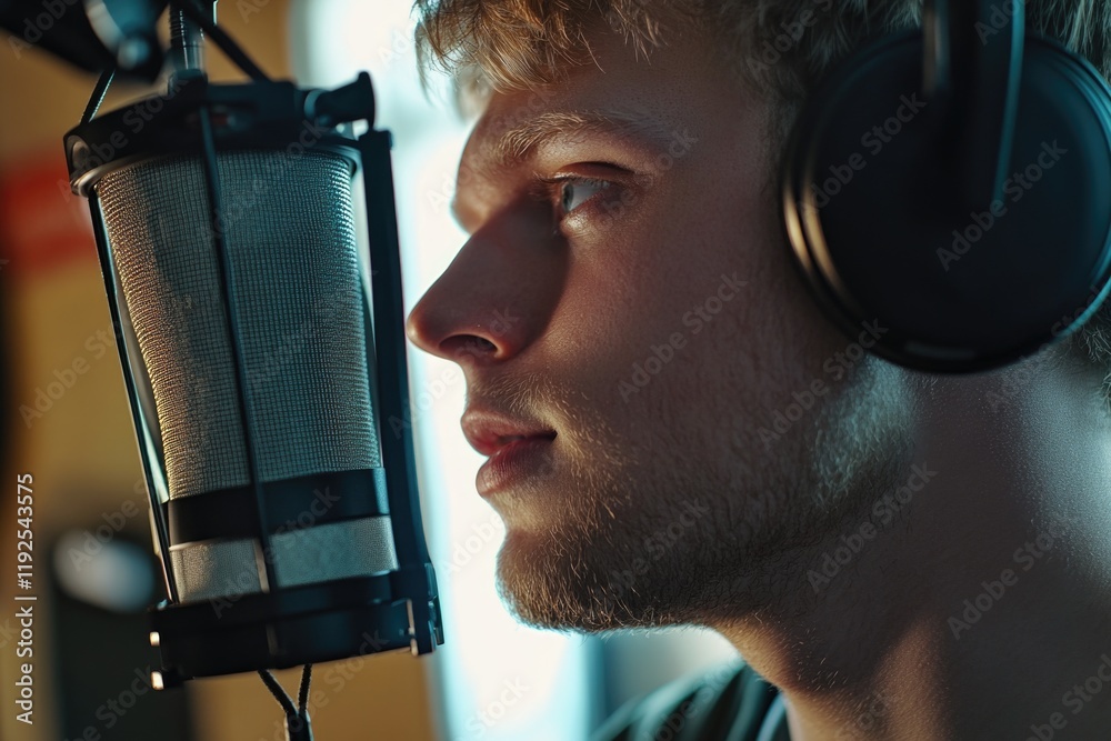 Poster A person recording with a microphone, a simple studio setup