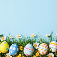 Fototapeta premium Easter background with grass, flowers, and a nice border with colorful eggs