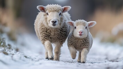 Fototapeta premium A pair of sheep stand on the top of a snow-covered field, enjoying the winter scenery