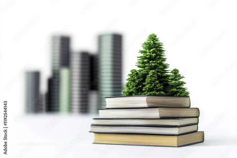 Poster a pile of books topped with a small tree branch, suggesting learning and growth