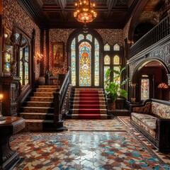 Obraz premium Elegant Interior of a Vintage Mansion with Stained Glass