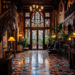 Obraz premium Elegant Interior with Stained Glass and Decorative Plants