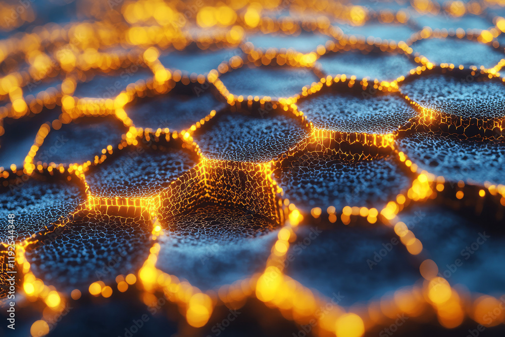Poster a partial honeycomb structure in glowing yellow, set diagonally on a deep ultramarine surface, sugge