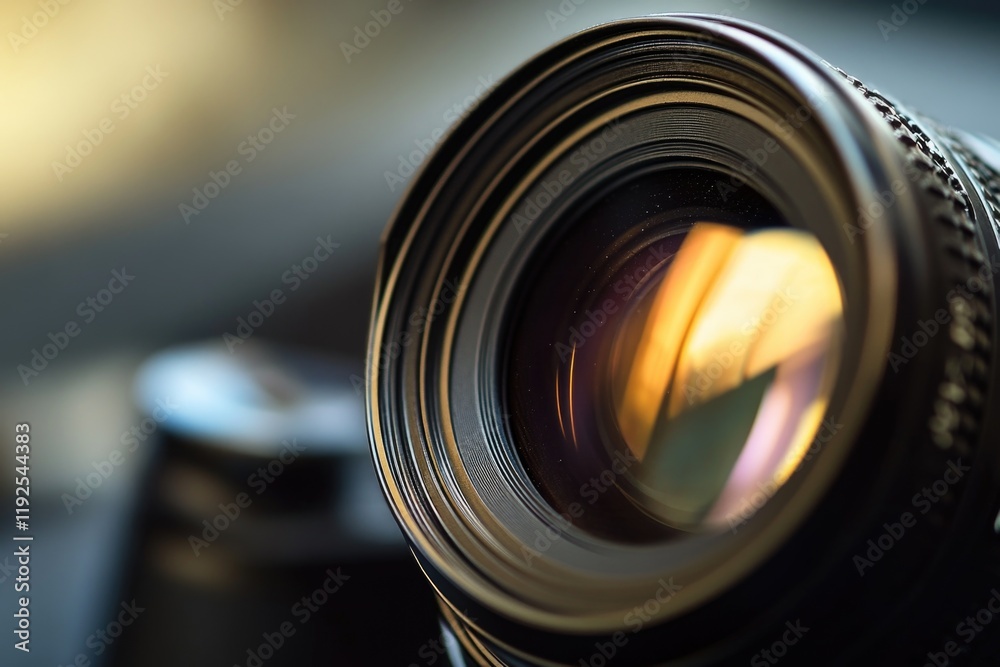 Poster a close-up shot of a camera lens with a blurry background, ideal for photography-related concepts an