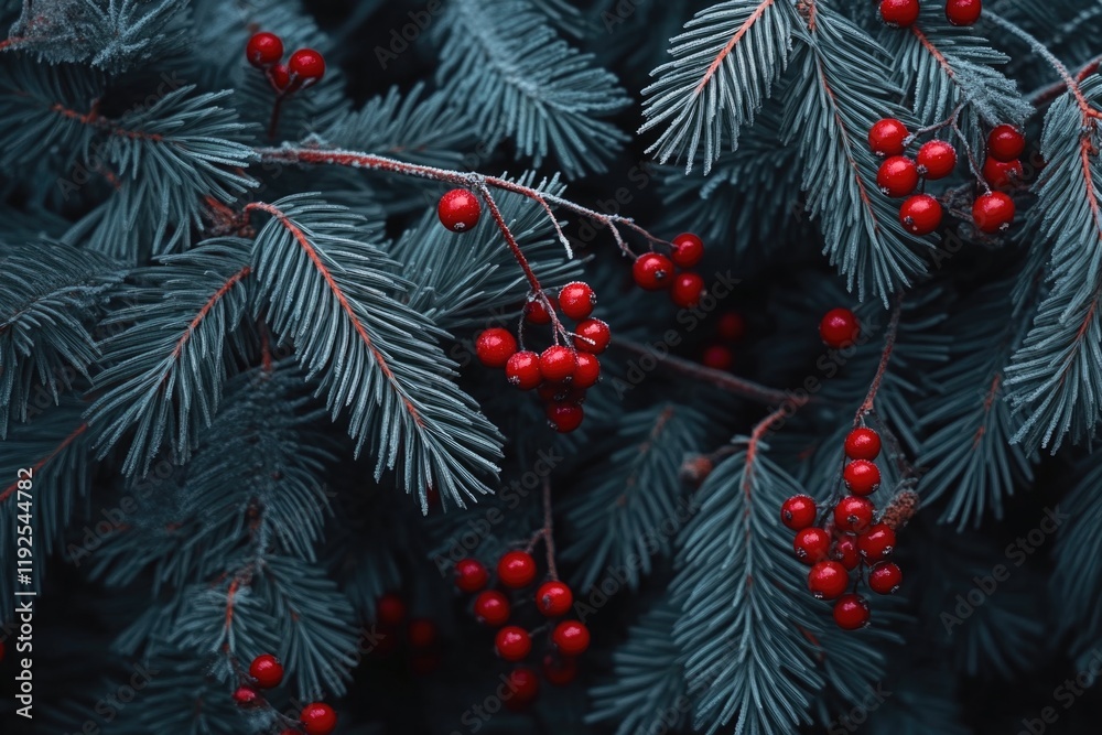Poster a close-up view of a tree branch covered in bright red berries, perfect for autumn and winter themed