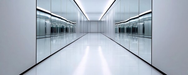 Obraz premium Minimal symmetry idea. A sleek, modern hallway with reflective surfaces and minimalist design, evoking tranquility.