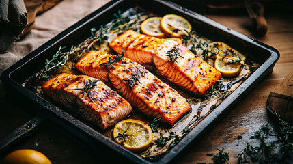 Deliciously roasted salmon with lemon and herbs, beautifully arranged in a baking tray