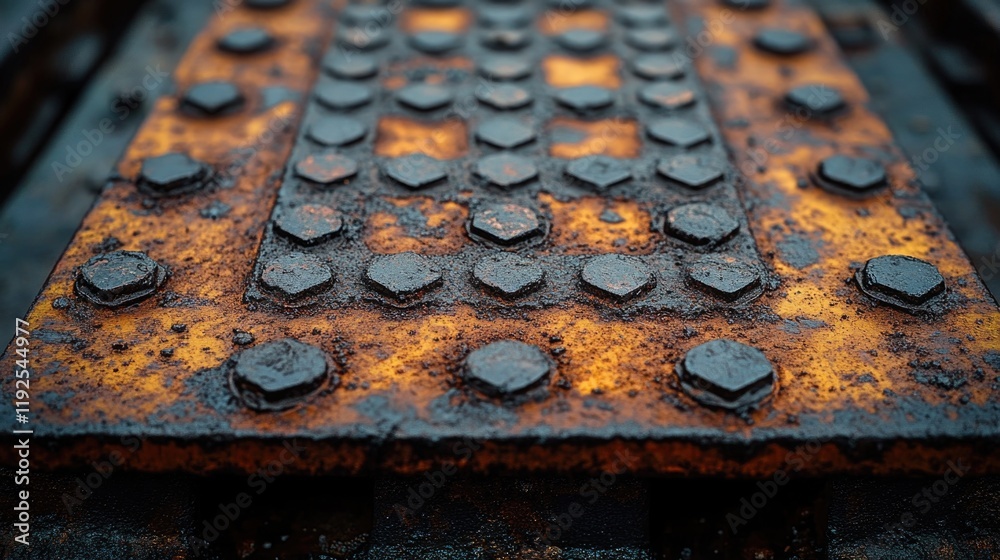Poster a close-up of a rusted metal surface featuring rivets and bolts, suitable for use in industrial or m