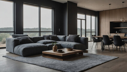 Modern Minimalist Living Room Interior Design with Panoramic View. Luxury Home Decor, Spacious Open Plan Apartment, Elegant and Comfortable Space
