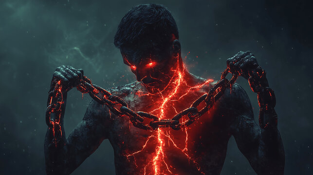 Man Breaking Fiery Chains with Glowing Lava Veins in Dramatic Conceptual Scene