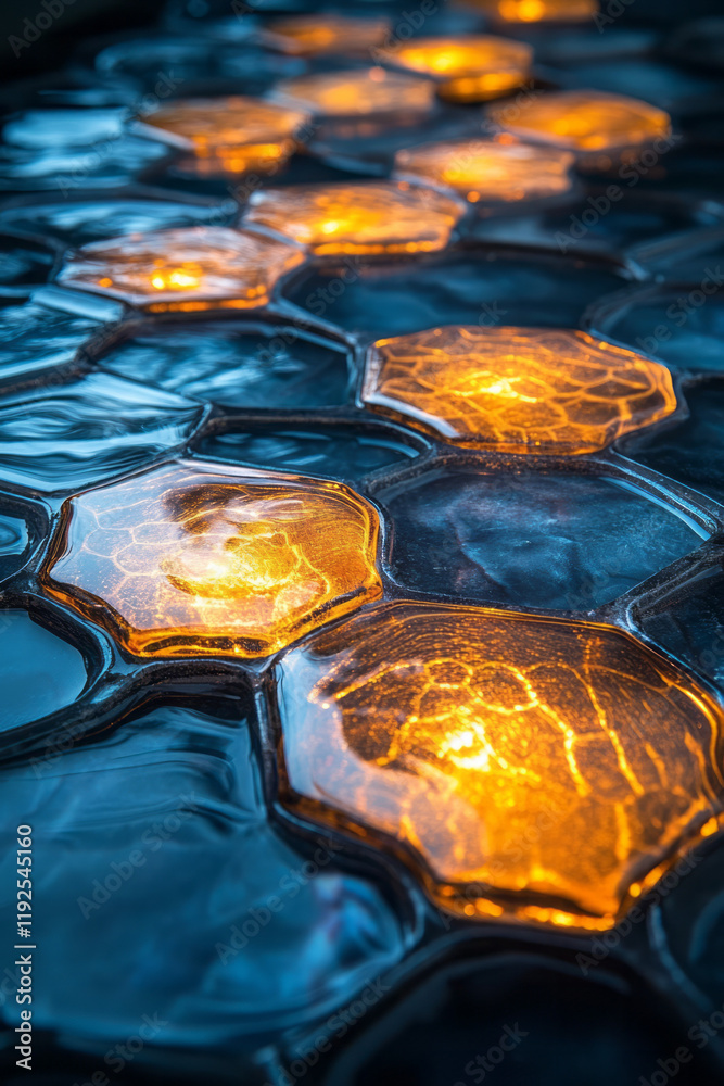 Poster a dynamic ripple of saffron hex tiles, each tileâ€™s edge softly illuminated, rising over a dark ult