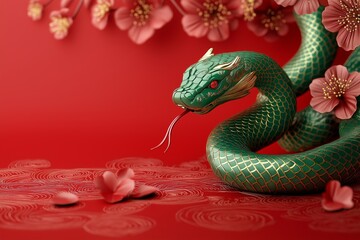 Obraz premium Green snake among golden coins and flowers on red background, symbol of 2025 year
