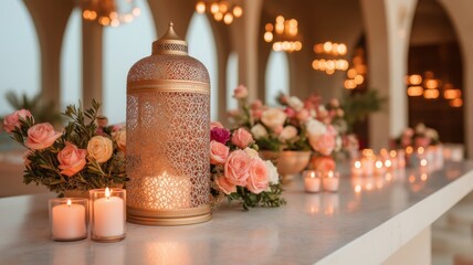 Elegant ramadan lantern and floral arrangement on marble table for spiritual ambiance