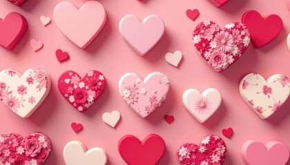 Obraz premium Variety of decorative heart-shaped gift boxes with floral patterns on pink background