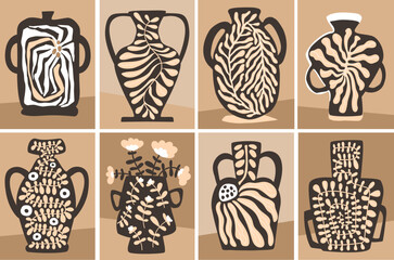 hand drawn wall art prints posters set , modern abstract minimalist abstract art boho pottery ceramic vases decorated with curvy groovy botanical floral shapes in neutral organic beige