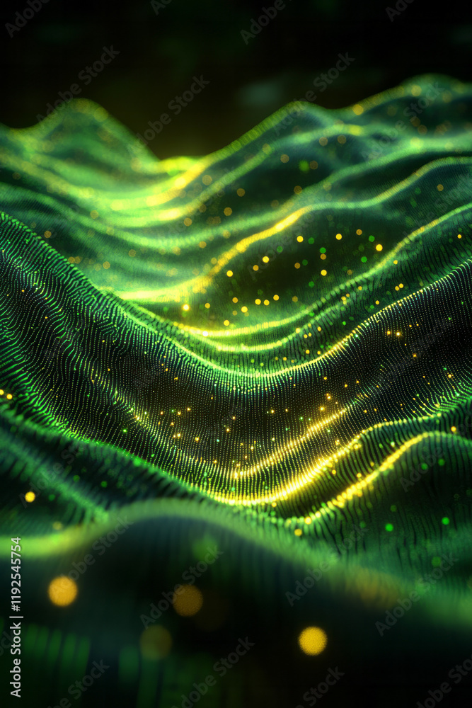 Aufkleber An expansive wave of micro hex grids, glowing green lines tracing an undulating surface in minimal ambient light,