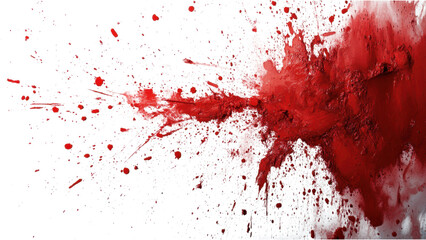 Dynamic blood splatter on stark white backdrop, striking contrast, minimalist design, evocative and bold visual impact